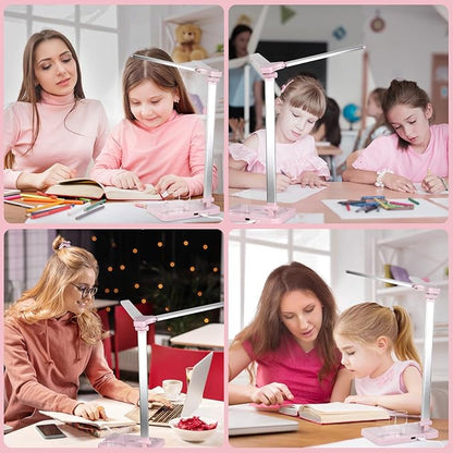 iVict LED Desk Lamp, Adjustable Table Foldable Lamp with USB Charging Port, 25 Lighting Modes, 45-Minute Auto Timer, Dual Swing Arm Desk Light with Pen Holde for Home Office/Study(Pink) - LeafyLoom