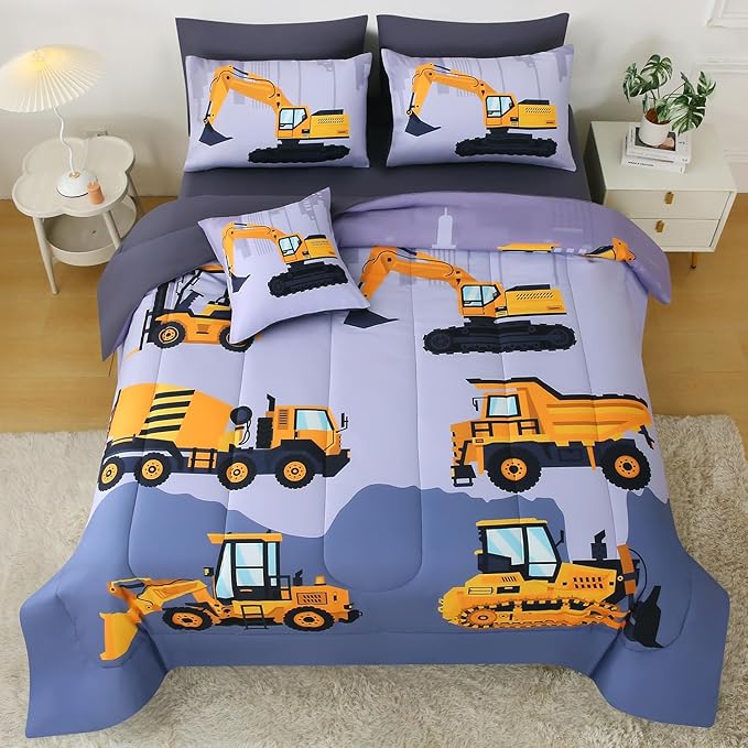 JQinHome Construction Twin Bedding Sets for Boys Kids,6 Piece Bed in A Bag 3D Cartoon Car Excavator Tractor Comforter Set with Sheet Set,Trucks Cars - LeafyLoom