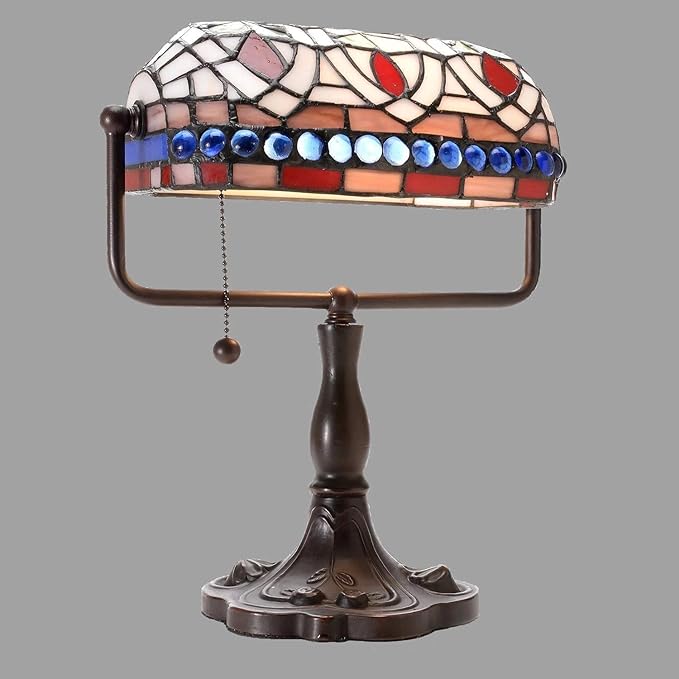 Warehouse of Tiffany KS20+MB50 12-inch Stained Glass Blue Gemstones Desk Lamp, Brown - LeafyLoom