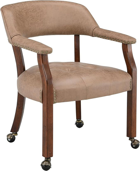 Dining Chairs with Casters and Arms, Rolling Dining Chairs with Wheels, Solid Wood Office Desk Chairs, 26“Dx25.2 Wx31.5“H, Cherry Legs & Yellowish Brown Fabric SY-1533-LT - LeafyLoom