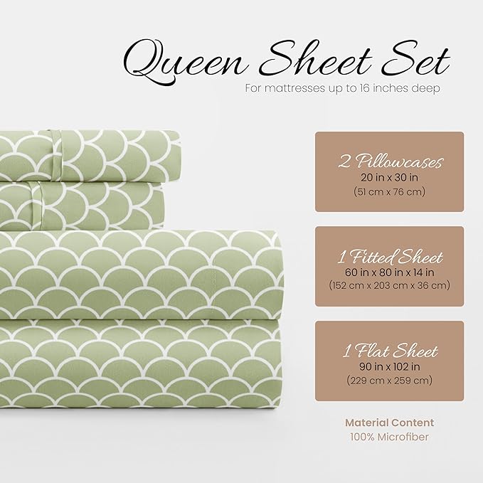 4 Piece Queen Bedding Sheet Set (Sage Scallops) - Sleep Better Than Ever with These Ultra-Soft & Cooling Bed Sheets for Your Queen Size Bed - Deep Pocket Fits 16" Mattress - LeafyLoom