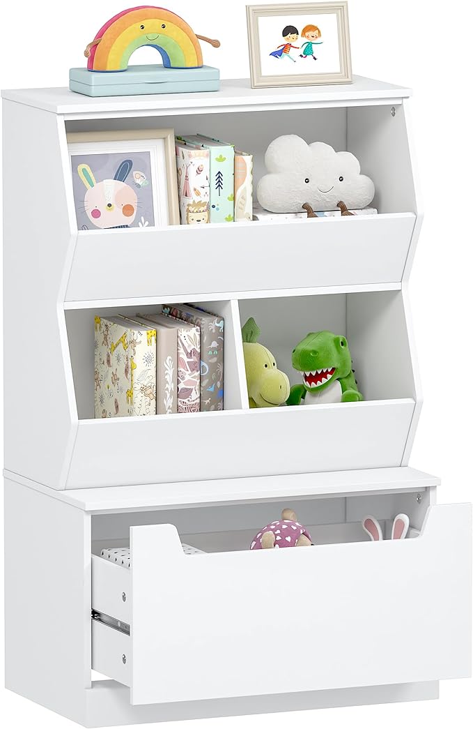 UTEX Kids Toy Storage Organizer, Bookshelf for Kids and Bookcase with Drawer, Children Open Storage Cubby for Kids Room Playroom Nursery White - LeafyLoom