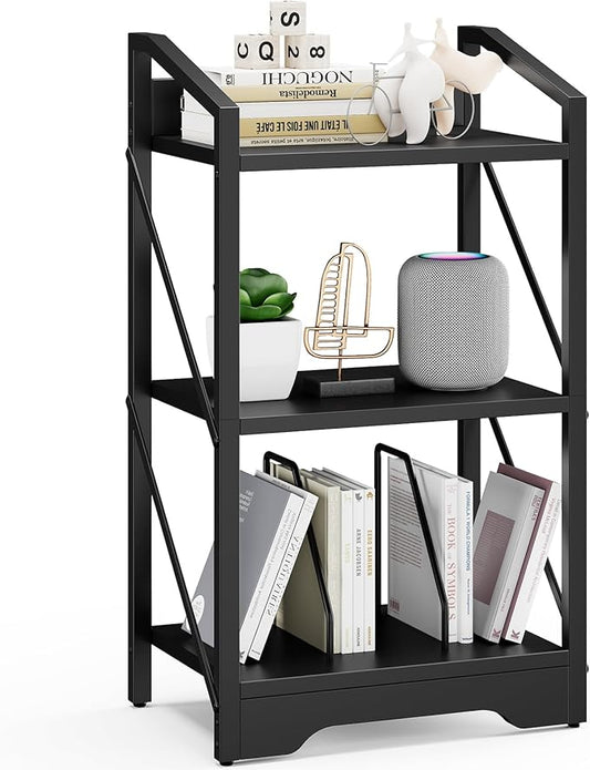 Vagusicc 3 Tier Bookshelf, Small Book Shelf Industrial Bookshelf, Wood Short Book Shelf Office Shelves with Metal Frame, Black Open Shelf Storage Organizer Bookcase for Living Room Bedroom, Black - LeafyLoom