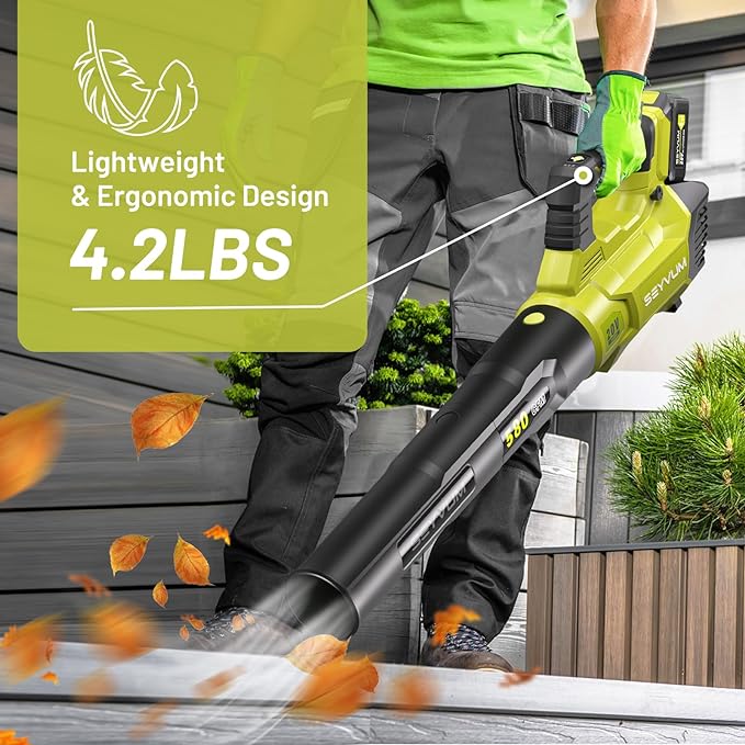 SEYVUM Leaf Blower - 580CFM 20V Leaf Blower Cordless with 2 X 4.0Ah Battery & Charger, 3-Speed Dial Electric Blower Handheld, Lightweight Powerful Battery Operated for Lawn Care, Jobsite - LeafyLoom