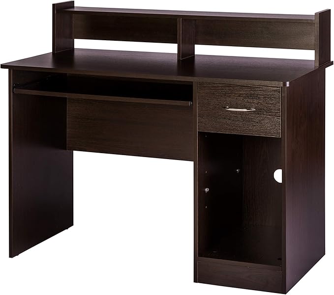 OneSpace Essential Computer Desk, Hutch with Pull-Out Keyboard, Espresso - LeafyLoom