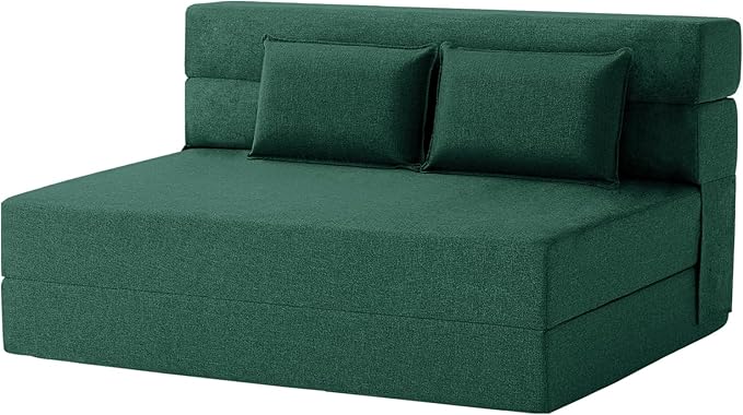 Convertible Folding Sofa Bed-Sleeper Chair with Pillow, Modern Linen Fabric Floor & Futon Couch, Foldable Mattress for Living Room/Dorm/Guest Use/Home Office/Apartment, Queen Size,Dark Green - LeafyLoom