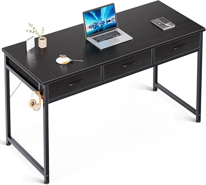 ODK 55 Inch Computer Desk with 3 Cloth Drawers for Home Office, Vanity Desk with Storage and Hook for Bedroom, Work Desk, Study Writing Table, Black - LeafyLoom