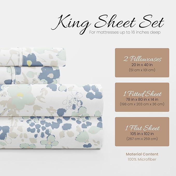 Linen Market 4 Piece King Bedding Sheet Set (Light Blue Violets) - Sleep Better Than Ever with These Ultra-Soft & Cooling Bed Sheets for Your King Size Bed - Deep Pocket Fits 16" Mattress - LeafyLoom