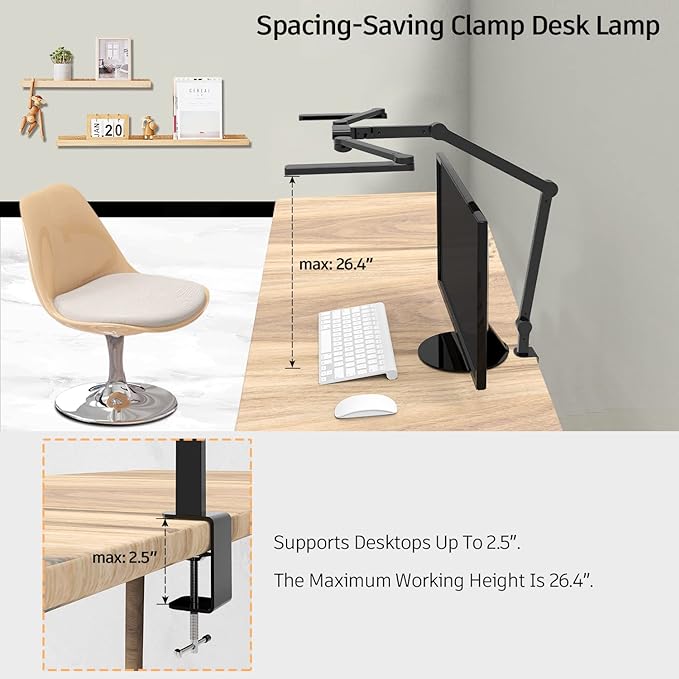 LED Desk Lamp with Clamp, 41.5" Clamp on Architect Desk Lamp for Home Office, 24W Bright Tall Computer LED Desk Light Clip on Office Lamp Adjustable Overhead Table Light for Work Craft - LeafyLoom