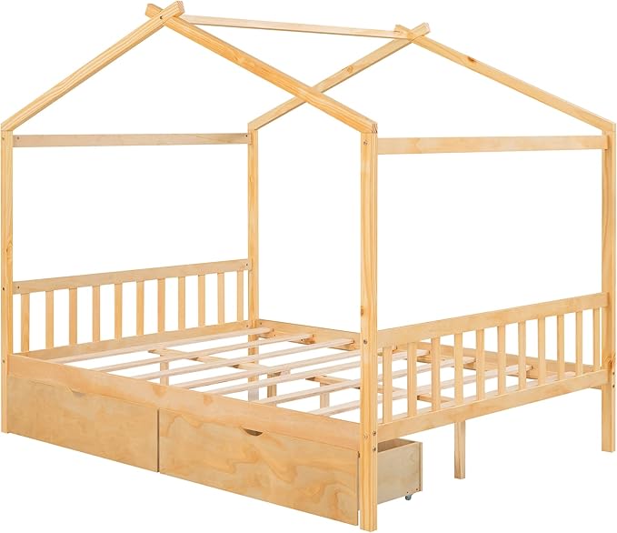 Full Bed Frame with Headboard and Footboard, Low House Bed/Full Bed Frame with Storage Drawer, Wood Bed Frame for Kids, Girls, Boys, Teens, Full Bed Frame Natural - LeafyLoom