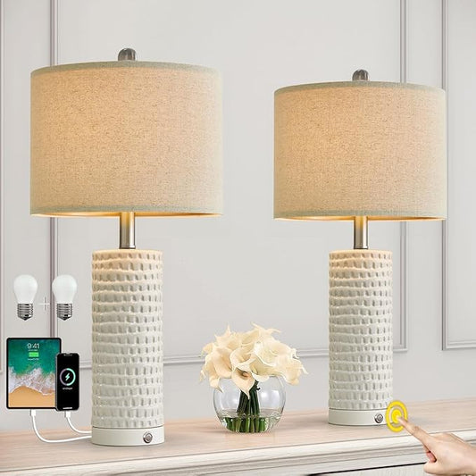 PORTRES 24" Farmhouse 3-Way Dimmable Touch Ceramic Table Lamp Set of 2 for Bedroom White Bedside Lamps with USB A+C Charging Ports for Living room Nightstand Lamp End Table lamps - LeafyLoom