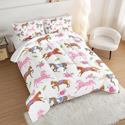 HOSIMA Kawaii Pink Rose Horse Full Size Comforter Sets,Cute Animal Horse Bedding Girls Teens Aesthetic Room Decor,Princess Toddler Bedding Set Cowboy Cowgirl Colorful Pony Full Size Bed in a Bag. - LeafyLoom