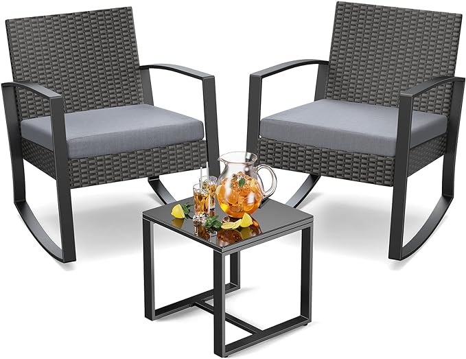 3 Piece Wicker Patio Furniture Set, Outdoor Rocking Chairs, Outdoor Furniture with Table & Cushions, Patio Chairs Balcony Porch Furniture, Gray - LeafyLoom