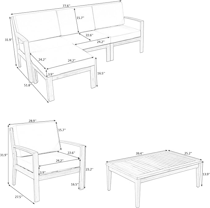 4 Piece Acacia Wood Patio Furniture L-Shaped Outdoor Sectional Sofa Coffee Table, FSC Certified Conversation Set w/Beige Cushions for Garden Backyard - LeafyLoom