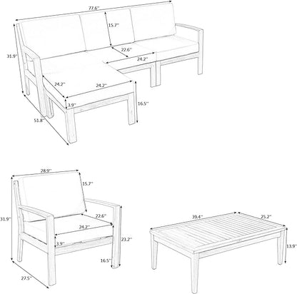 4 Piece Acacia Wood Patio Furniture L-Shaped Outdoor Sectional Sofa Coffee Table, FSC Certified Conversation Set w/Beige Cushions for Garden Backyard - LeafyLoom