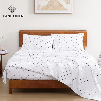 LANE LINEN 100% Organic Cotton Full Sheets Set 4-Piece Pure Percale Long Staple Bedding Breathable Fits Mattress Upto 15" Deep - Black Polka Dot - LeafyLoom