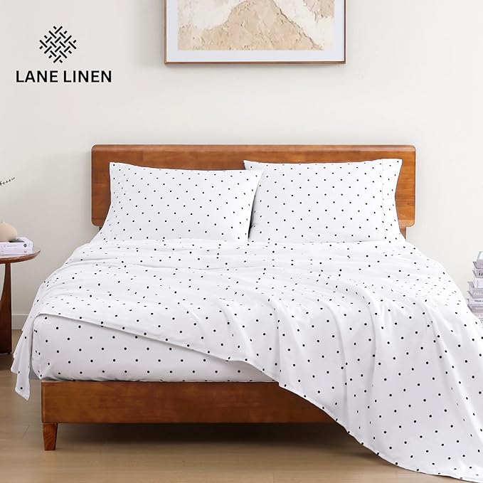 LANE LINEN 100% Organic Cotton Twin XL Sheets Set 3-Piece Pure Percale Bedsheets Bedding Breathable Fits Mattress Upto 15" Deep - Black Polka Dot - LeafyLoom