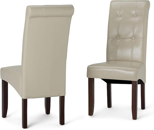 SIMPLIHOME Cosmopolitan Parson Dining Chair (Set of 2), Satin Cream Faux Leather and SOLID WOOD, Square, Upholstered, For the Dining Room, Contemporary Modern - LeafyLoom