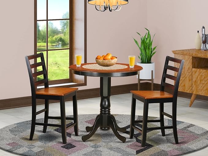 East West Furniture JAFA3-BLK-W 3 Piece Kitchen Counter Set for Small Spaces Contains a Round Dining Room Table with Pedestal and 2 Dining Chairs, 36x36 Inch, Black & Cherry - LeafyLoom