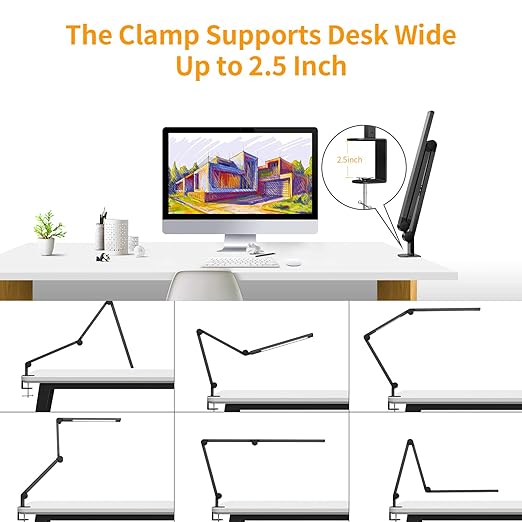 EppieBasic Led Desk Lamp with Clamp, Dual Light Swing Arm Architect Desk Light for Home Office, Dimmable & 4-Color Modes, 12W Eye-Care Office Lighting with Memory & Timer for Monitor Studios Reading - LeafyLoom