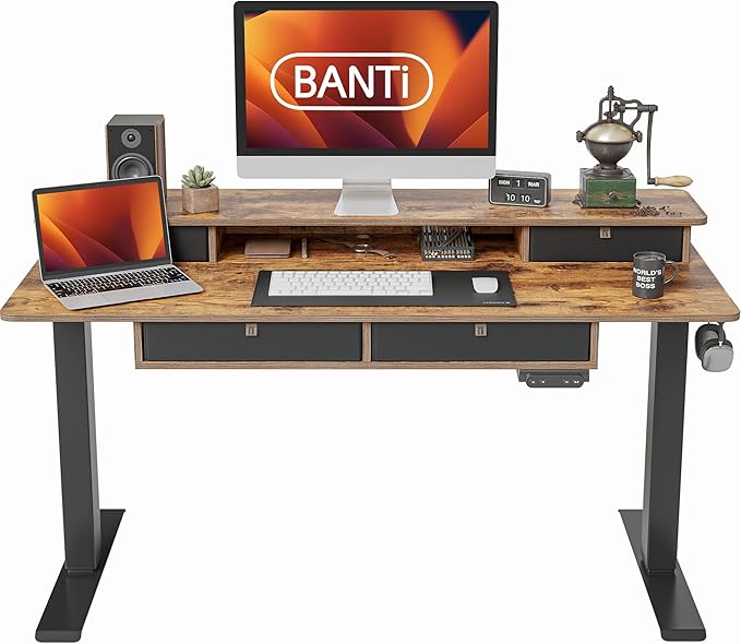 BANTI Height Adjustable Electric Standing Desk with 4 Drawers, 55 x 24 Inch Table with Storage Shelf, Sit Stand Desk, Rustic Brown Top - LeafyLoom