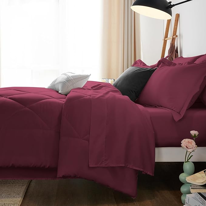 CozyLux Full Comforter Set with Sheets 7 Pieces Bed in a Bag Burgundy All Season Bedding Sets with Comforter, Pillow Shams, Flat Sheet, Fitted Sheet and Pillowcases, Red, Full - LeafyLoom