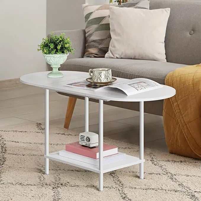 Small Oval Coffee Tables Modern Low Coffee Table for Small Space Mid Century Center Side Table with Open Shelving for Storage, Display, and Furniture Living Room & Home Office - LeafyLoom