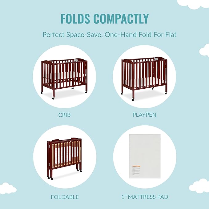 Dream On Me 3 in 1 Portable Folding Stationary Side Crib in Cherry, Greenguard Gold Certified, Safety Wheel with Locking Casters, Convertible, 3 Mattress Heights - LeafyLoom