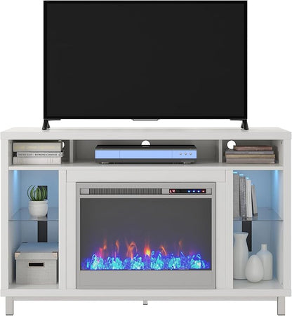 Ameriwood Home Lumina Fireplace TV Stand for TVs up to 48 Inch, Replaceable Electric Fireplace Insert Heater, Remote Control, Timer, Color Changing LED Lights, Crystal Ember Flames, White - LeafyLoom