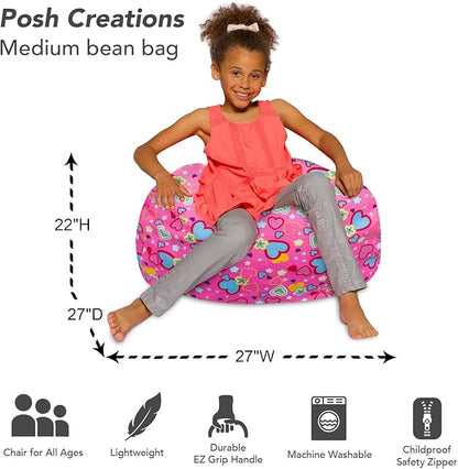 Posh Creations Bean Bag Chair for Kids, Teens, and Adults Includes Removable and Machine Washable Cover, Canvas Multi-Colored Hearts on Pink, 27in - Medium - LeafyLoom