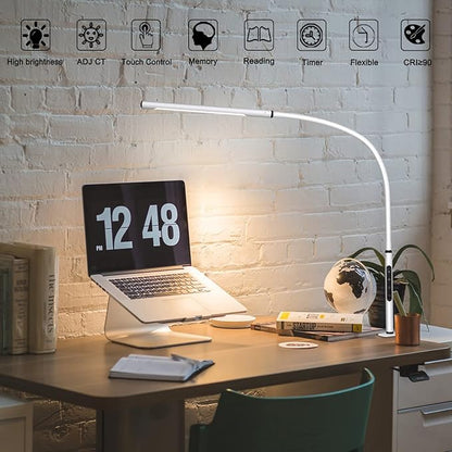 Eye-Caring Desk Lamp, Gooseneck Lamp with Clamp, Swing Arm Desk Light, Adjustable Brightness & Color Temperatures, Memory & Timer Function, Clip on Desk Lamp for Home Office, 12W, White - LeafyLoom