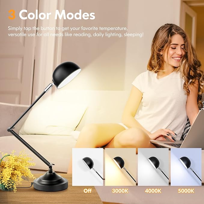 Touch Control LED Desk Lamp with USB Charging Port, Architect Black Metal Lamp with Adjustable Swing Arm, Dimmable Modern Table Lamp for Home Office Reading Study, 3000K/4000K/5000K 3 Color Modes - LeafyLoom