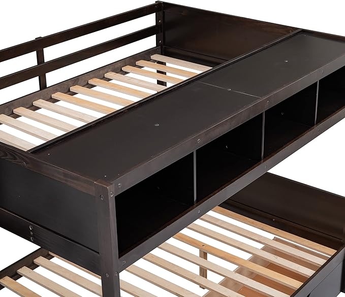 Twin Over Full Bunk Bed with Stairs Storage Function, Shelf and 2 Drawers, Wooden Frame Stairway Bunkbeds for Kids Teens Bedroom, Espresso - LeafyLoom