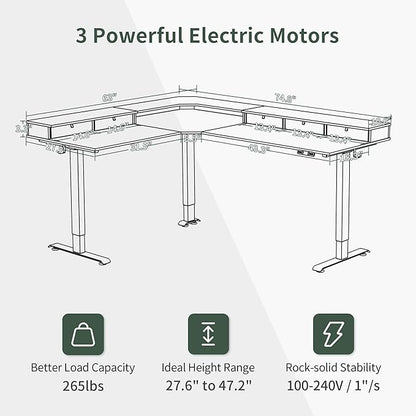 FEZIBO Triple Motor 75" L Shaped Standing Desk with 5 Drawers, Reversible Electric Standing Gaming Desk Adjustable Height, Corner Stand up Desk with Splice Board, White Frame/Light Walnut Top - LeafyLoom