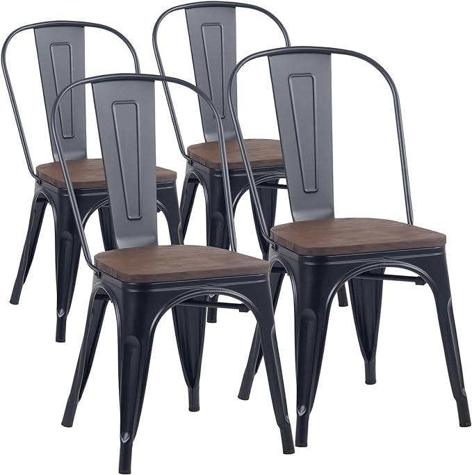 YOUNIKE Metal Dining Chairs Set of 4 Iron Stackable Removable Back Wood Seat Patio Chairs Rubber Feet Stylish Modern Indoor Outdoor Classic Chic Industrial Vintage Bistro Kitchen Matte Black - LeafyLoom