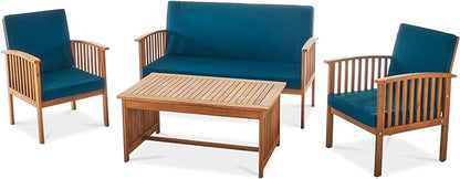 Christopher Knight Home Carolina Outdoor 4 Piece Patina Acacia Wood Sofa Conversation Patio Furniture Sets with Cushions, 27.50" D x 24.00" W x 33.25" H, Dark Teal/Brown - LeafyLoom