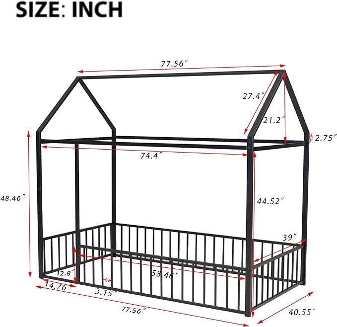 RITSU Twin Size Montessori Floor Bed, Metal House Bedframe with Fence, Robust Construction is Used, for Children'S Rooms, Boys Girls, No Box Spring Needed, Easy Assembly, Black - LeafyLoom