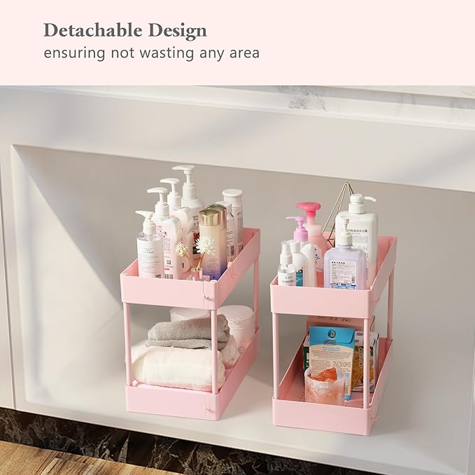 danpinera Slim Storage Cart, 3 Tier Narrow Rolling Cart on Wheels Bathroom Organizer Cart with Dividers Handle Hanging Cups Hooks for Laundry Room Kitchen Small Spaces, Pink - LeafyLoom