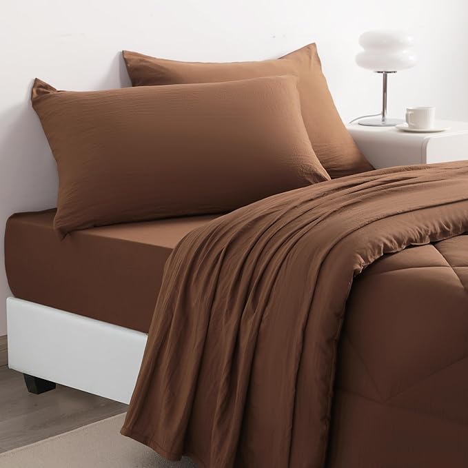 NTBAY Twin Comforter Set with Sheets, 5 Pieces Soft and Breathable Twin Bedding Set, Twin Bed in a Bag, Down Alternative Comforter Set Solid Color All Season, Kids Bedding Set, Brown - LeafyLoom