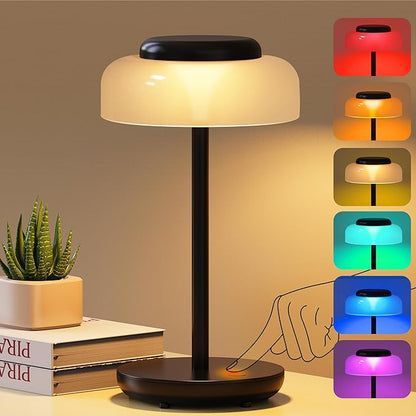 QiMH Battery Operated LED Table Lamp, 5000mAh Cordless Desk Lamp with 3 Level Brightness Touch Control, Mini Rechargeable Night Light for Living Room, Bedroom, Outdoor bar (Black-RGB) - LeafyLoom