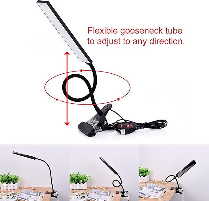 LED Desk Lamp Dimmable Eye-Care Reading Light Office Light Adjustable 3 Color Modes,14 Brightness Levels, Gooseneck Flexible Clip-on Light for Studying, 5W-Black - LeafyLoom