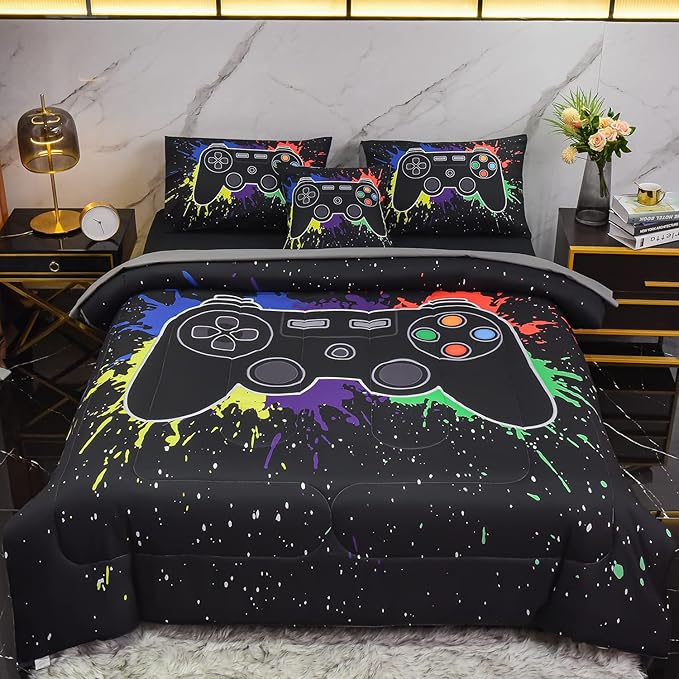 6Pcs Gamer Comforter Set with Sheets for Boys Girls Kids Teens, Colorful Graffiti Gaming Themed Bed in A Bag Twin Size, Black 3D Video Game Controller Bedroom Decor Bedding Set - LeafyLoom