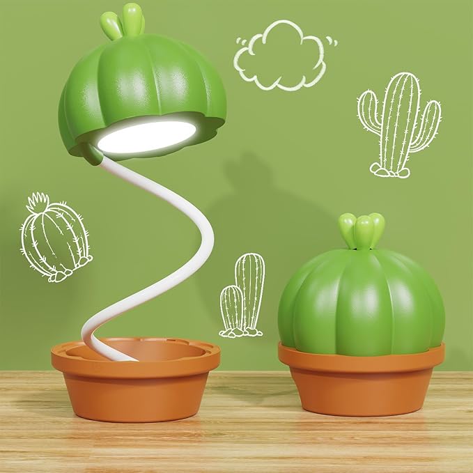 Cute Desk Lamp for Kids, Cactus Small Desk Lamps with Dimmable Touch,Rechargeable Kawaii Desk Lamp Nursery Night Lights, Desk Accessories Kawaii Room Decor for Kid Gifts (Green Cactus Lamp) - LeafyLoom