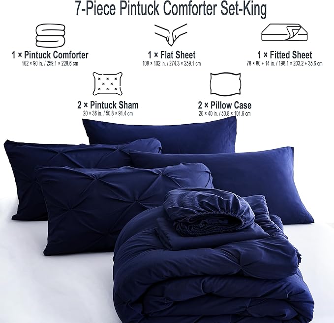 Ubauba 7pc Dark Blue King Comforter Set with Sheets, 7 Piece Pinch Pleating Bed in a Bag Royal Blue Bedding Comforters & Sets, Soft Fluffy Pintuck Bed Set (Navy,King) - LeafyLoom