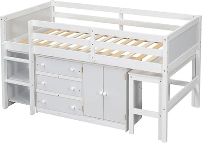 Twin Size Low Loft Bed with Pull-Out Desk, Drawers, Cabinet, and Shelves, for Kids Boys Girls Bedroom, White - LeafyLoom