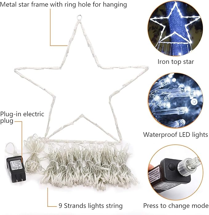 PUHONG Christmas Decoration Star Lights Outdoor,320 LED 16.4Ft Christmas String Lights[8 Modes & Waterproof] for Halloween Xmas New Year Holiday(Iron) (White) PUHONG