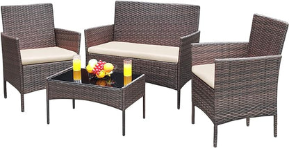 Greesum Patio Furniture 4 Pieces Conversation Sets Outdoor Wicker Rattan Chairs Garden Backyard Balcony Porch Poolside loveseat with Soft Cushion and Glass Table, Brown and Beige - LeafyLoom