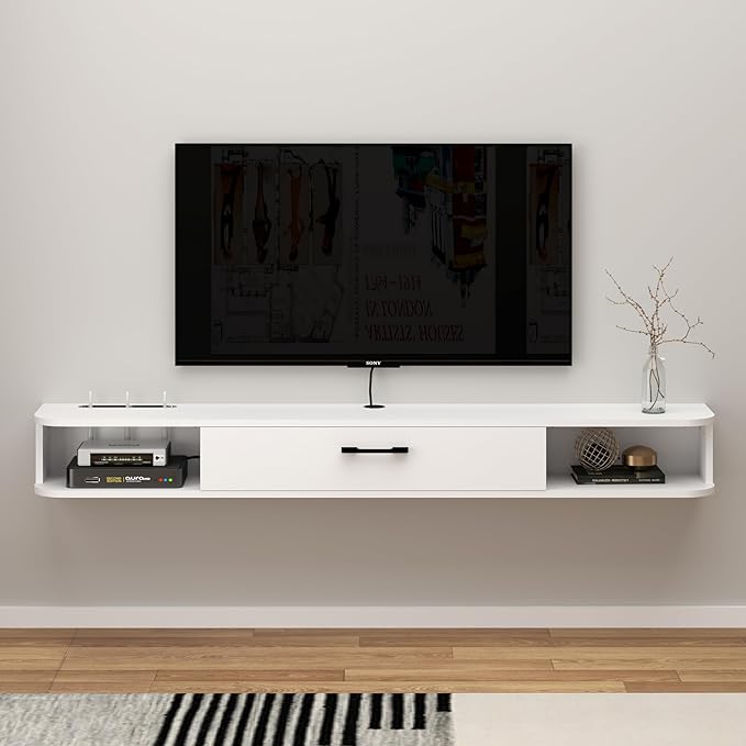 Floating TV Unit, 55'' Wall Mounted TV Cabinet, Floating Shelves with Door, Modern Entertainment Media Console Center Large Storage TV Bench for Living Room & Office (55.12IN, White) - LeafyLoom