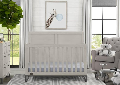 Simmons Kids Foundry 6-in-1 Convertible Baby Crib, Rustic Mist with Matte Black + Quiet Nights Breathable Crib Mattress with Removable/Machine Washable Cover (Bundle) - LeafyLoom