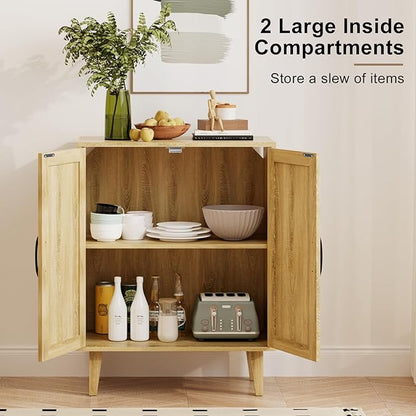 Rattan Decorated Buffet Cabinet - 2 Doors Simple Style Storage Cabinet, Shoe Cabinet with Adjustable Shelves, Sideboard for Kitchen, Living Room, Hallway, Entryway (Natural Wood) - LeafyLoom